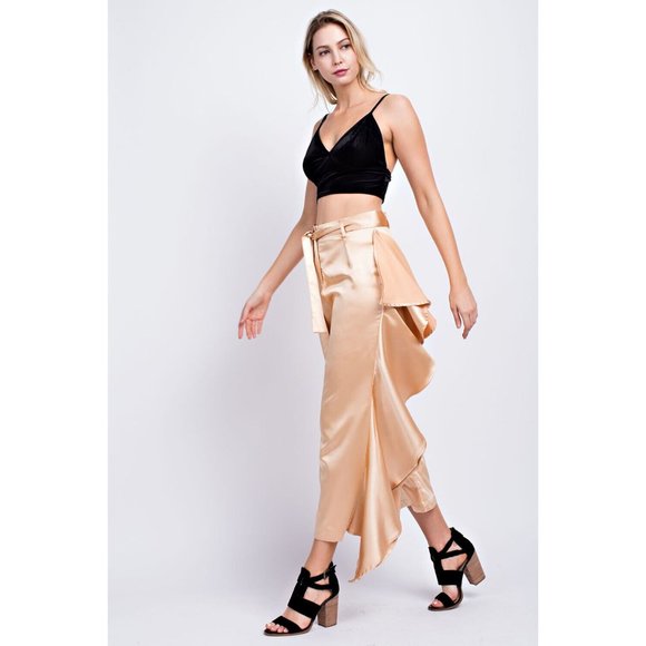 Women's Casual Tie Front Silky Side Ruffle Culottes Wide Leg Pants - Picture 5 of 10